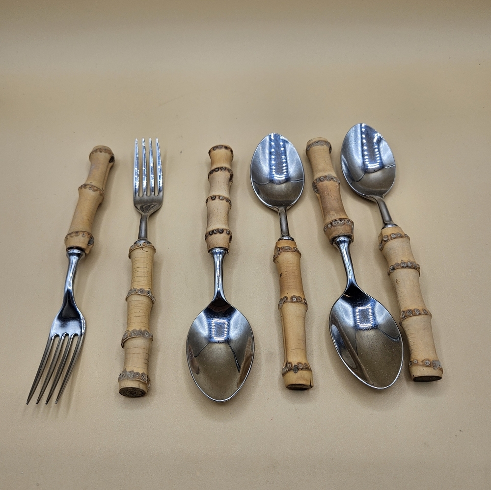 6pc CALHAWAII Mixed Lot of 2 FORKS & 4 Spoons Bamboo Handles Flatware, Stainless